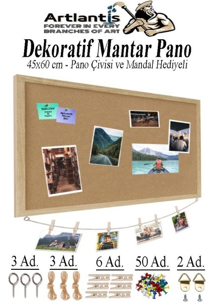 Dekoratif Mantar Pano Ahşap Çerçeve 45X60 cm 1 Adet Harita Çivisi Hediyeli Duvara Monte Mantar Çerçeve Evde Okulda Büro