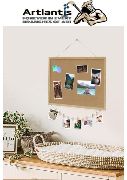 Dekoratif Mantar Pano Ahşap Çerçeve 30X45 cm 1 Adet Harita Çivisi Hediyeli Duvara Monte Mantar Çerçeve Evde Okulda Büro