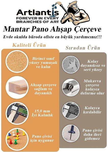 Dekoratif Mantar Pano Ahşap Çerçeve 30X45 cm 1 Adet Harita Çivisi Hediyeli Duvara Monte Mantar Çerçeve Evde Okulda Büro