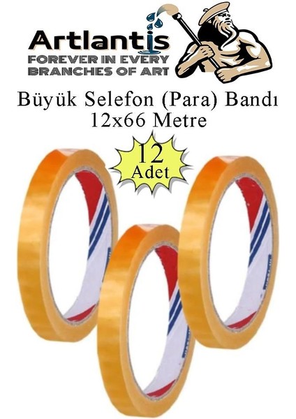 12X66 Metre Selefon Bant 12 Adet Büro Bandı Büyük Bant Makinelerine Uyumlu Kırtasiye Şeffaf Para Bandı