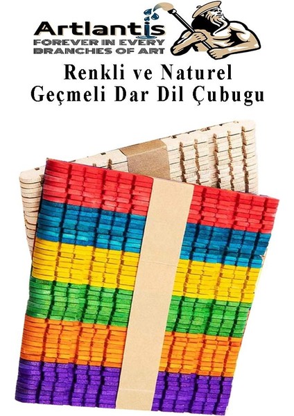 Renkli Naturel Geçmeli Dil Çubuğu Dar 100 Lü 1 Paket Çentikli Tırtıklı Geçirmeli Eklemeli Dondurma Çubuğu Kesik Uçlu Ahşap Çubuk