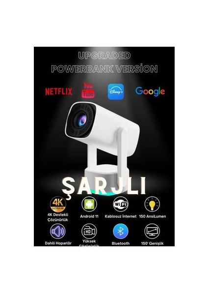 Taşınabilir Powerbank Bataryalı Android Projeksiyon Cihazı Hd Ev Sinema Projektörü Şarjlı Yeni Seri