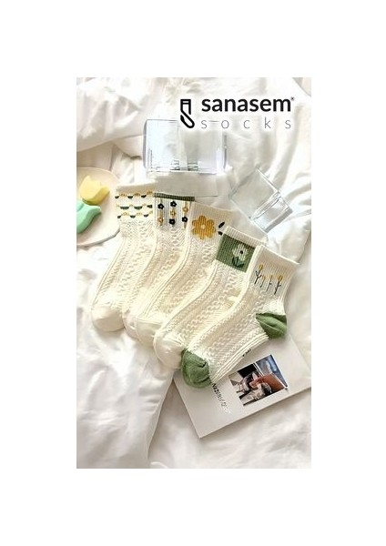 5 Çift Yeşil Çiçek Desenli Kadın Soket Çorap