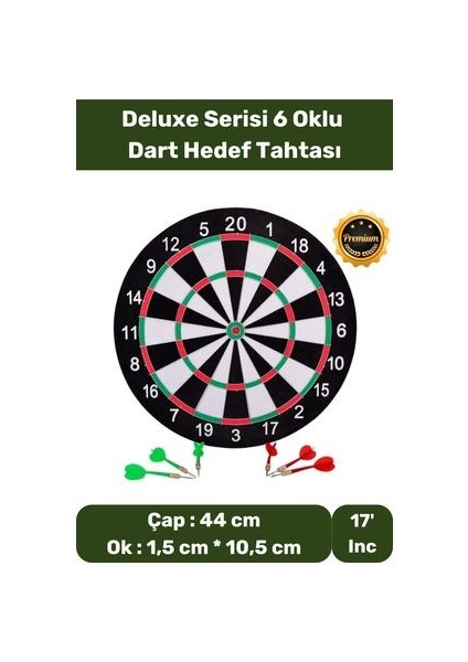 Premium Seri Büyük Boy Dart Seti Kaliteli 17' Iç Dış 44 cm 6 Ok Dart Ahşap Hedef Tahtası