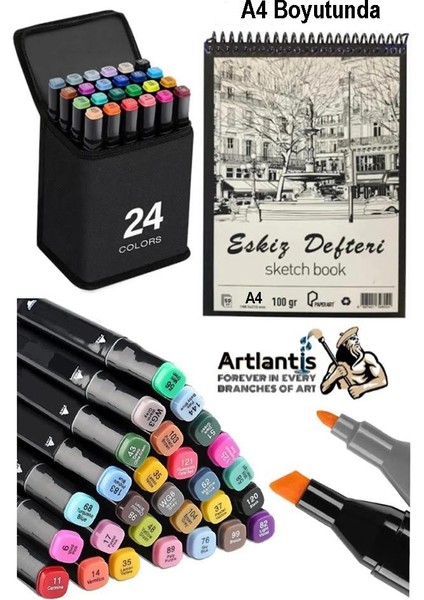 Eskiz Defteri A4 50 Yaprak 100 gr 1 Adet 24 Renk Çift Taraflı Marker Kalem 24 Adet Touch Çift Uçlu