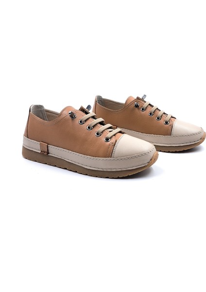 B251746 Deri Lastik Bağcıklı Kadın Taba Renk Konfor Ayakkabı