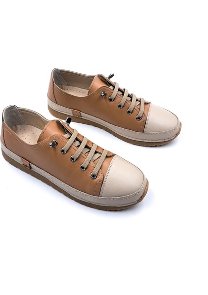 B251746 Deri Lastik Bağcıklı Kadın Taba Renk Konfor Ayakkabı modelleri