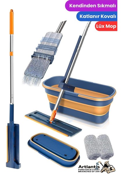 Kendinden Sıkmalı Mop ve Tekerlekli Katlanabilir Kova Seti 1 Adet Yedek Mop Hediyeli Lüks Mop Seti Silikon Kova Temizlik Seti Büro Ofis Ev