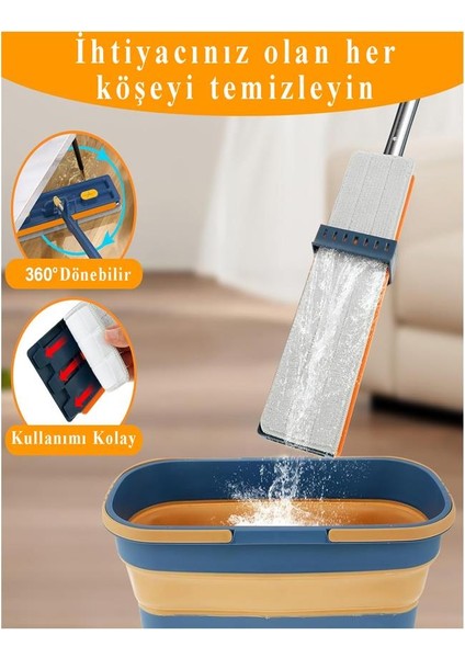 Kendinden Sıkmalı Mop ve Tekerlekli Katlanabilir Kova Seti 1 Adet Yedek Mop Hediyeli Lüks Mop Seti Silikon Kova Temizlik Seti Büro Ofis Ev