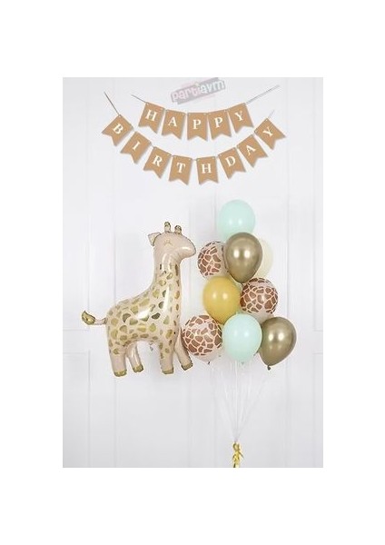 Bej Krem Balon Soft Kahve Renkler Sevimli Zürafa Set Arka Fon Balon Kraft Happy Birthday Banner