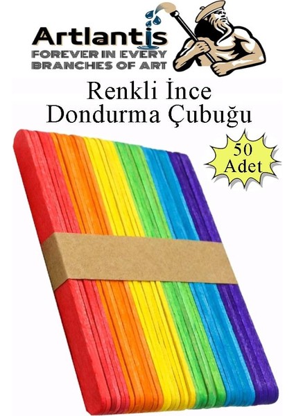 Renkli Dar Dil Çubuğu 50 Adet Ahşap Dondurma Çubuğu Renkli Maket Hobi Okul Proje Tasarım