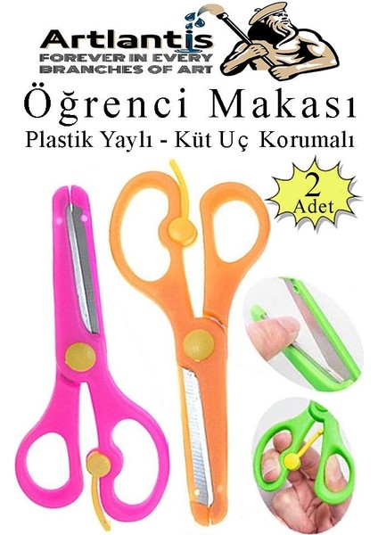Pembe Turuncu Öğrenci Makası 2 Adet Plastik Yaylı Küt Uç Korumalı Okul Makası Çocuk Makası Okul Öncesi Kreş Ana Sınıfı