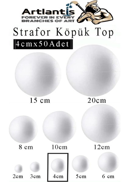 Strafor Köpük Top 4 cm 50 Adet Köpük Top Küre Toplar Yuvarlak Strafor Köpük Top Okul Deney Hobi Sanat