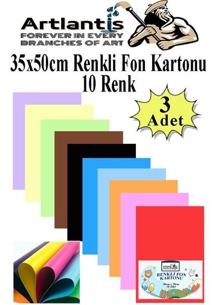 Fon Kartonu 10 Lu 35X50 cm 3 Paket Artlantis 10 Renk Fon Kartonu 35*50 Okul Sınıf Kreş Anasınıfı