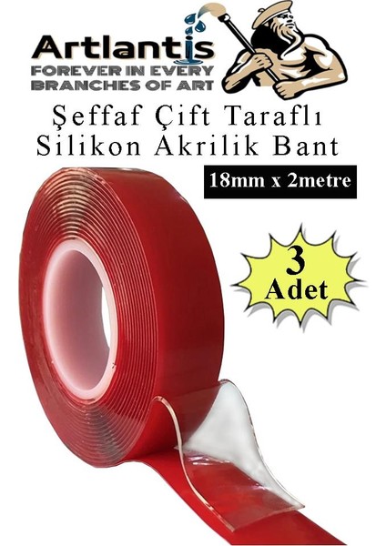 Çift Taraflı Bant Silikonlu Süper Güçlü Çivisiz Montaj Bandı 3 Adet 18MM x 2 Metre Extra Yüksek Mukavemetli