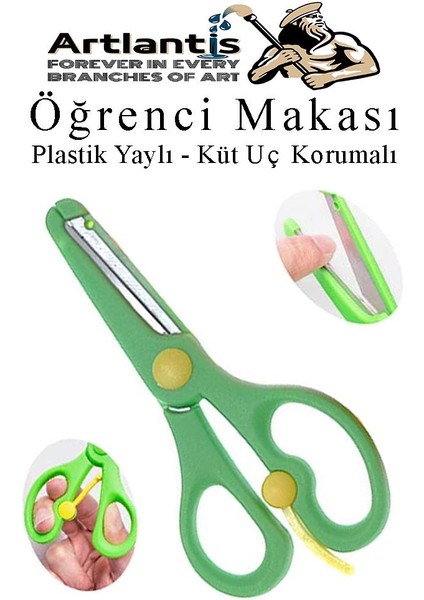 Yeşil Öğrenci Makası 1 Adet Plastik Yaylı Küt Uç Korumalı Okul Makası Çocuk Makası Okul Öncesi Kreş Ana Sınıfı