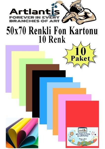 Fon Kartonu 10 Lu 50X70 cm 10 Paket Arlantis 10 Renk Fon Kartonu 50*70 Okul Sınıf Kreş Anasınıfı