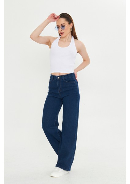 Koyu Lacivert Yüksek Bel Geniş Paça Bol,salaş Palazzo Jeans fırsatları