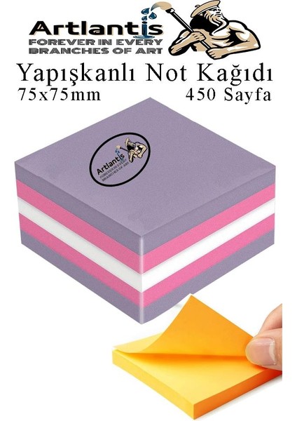 Yapışkanlı Not Kağıdı 3 Renk 450 Sayfa 1 Paket Ebruli Küp Blok Yapışkanlı Postit 75X75 mm Renkli