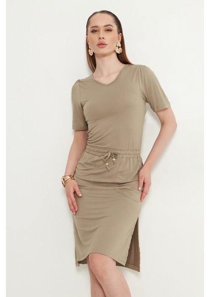 Vizon Penye Kumas Beli Lastikli Cepli Midi Boy Rahat Elbise