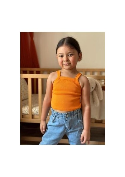 Turuncu Bebek Fitilli Ribana Crop Body