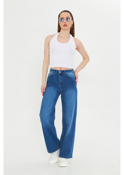 Koyu Mavi Yıkamalı Yüksek Bel Straight Fit Jean Mavi