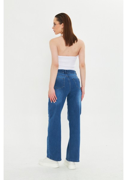 Koyu Mavi Yıkamalı Yüksek Bel Straight Fit Jean Mavi indirimleri