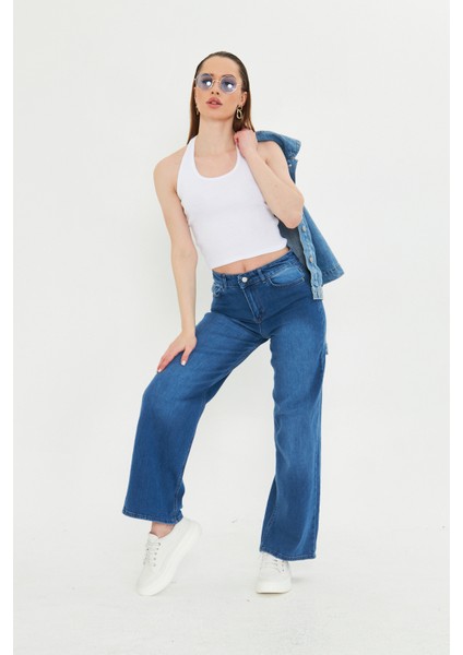 Koyu Mavi Yıkamalı Yüksek Bel Straight Fit Jean Mavi