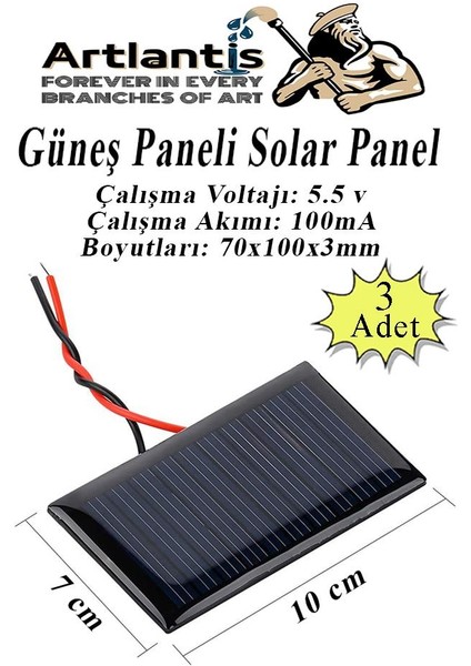 Güneş Paneli Solar Panel 7X10 cm 5.5 Volt 100 Ma 3 Adet Güneş Enerjisi Okul Sınıf Deney Çalışmaları 70X100MM