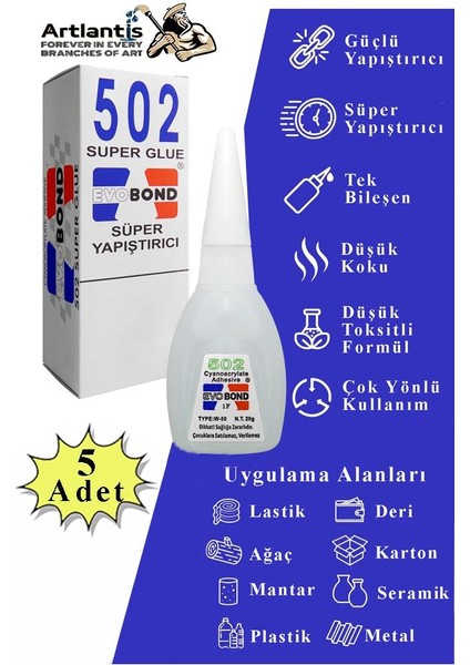 502 Japon Yapıştırıcı 5 Adet 20 gr Hızlı Yapıştırıcı Evobond 502 Süper Yapıştırrıcı Orjinal Seramik Plastik Metal