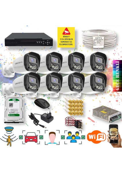 8 Kameralı Set - Yapay Zeka Özellikli Gece Renkli Gösteren 5MP SONY Lensli 4 Ultra Warm Ledli FULLHD Güvenlik Kamerası Seti 2304W-108