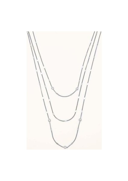 Üç Sıralı Mini Zirkon Taşlı Ince Zincir Kolye Gümüş Renk Shine Koleksiyon