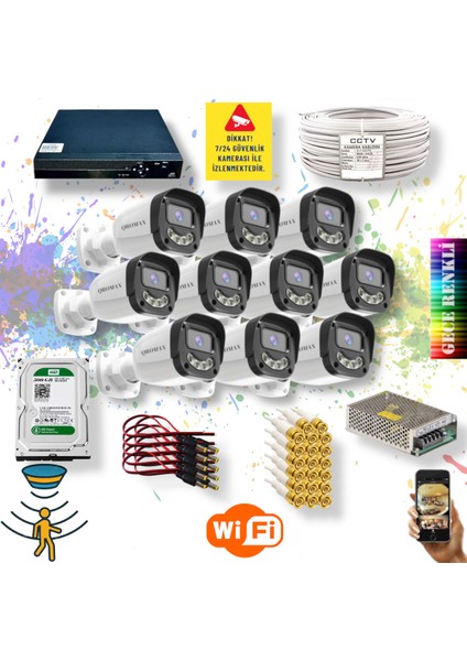 10 Kameralı Set - Gece Renkli Gösteren Hareket Algılayan 5MP SONY Lensli 4 Ultra Warm Ledli FULLHD Güvenlik Kamerası Seti 2304W-9016