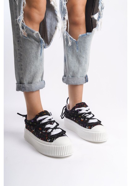 Siyah Cilt Bağcıklı Yüksek Taban Günlük Kadın Sneaker Spor Ayakkabı