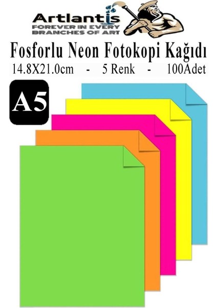 Neon Fosforlu Renkli A5 Fotokopi Kağıdı 100 Lü 1 Paket 100 Adet Fosforlu 5 Renk Parlak Canlı Renkler Fotokopi Kağıdı