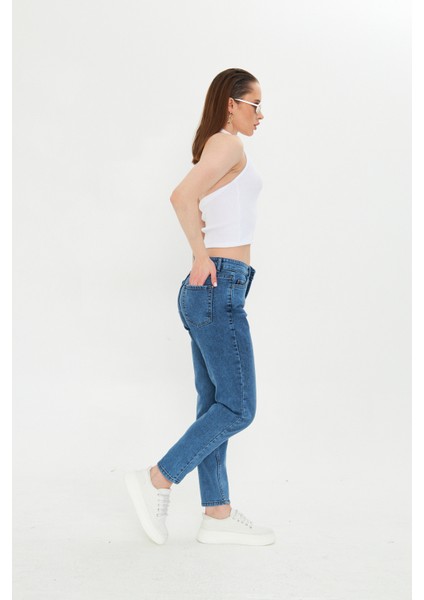 Koyu Mavi Slım Fit Mom Jean modelleri