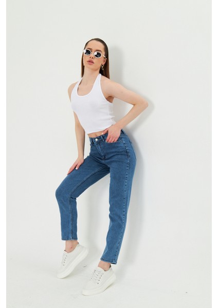 Koyu Mavi Slım Fit Mom Jean