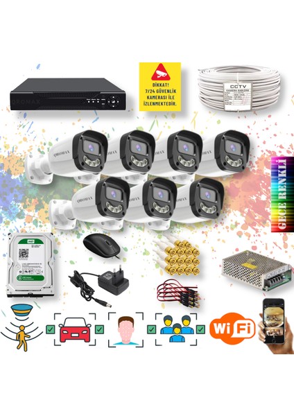 7 Kameralı Set - Yapay Zeka Özellikli Gece Renkli Gösteren 5MP SONY Lensli 4 Ultra Warm Ledli FULLHD Güvenlik Kamerası Seti 2304W-108