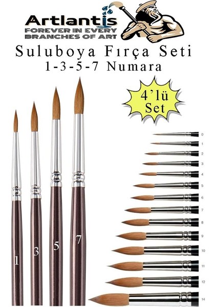 Resim Fırçası 1 - 3 - 5 -7 Numara 1 Paket 4 Lü Samur Yuvarlak Uçlu Fırça Seti Guaj Sulu Akrilik Yağlı Boya Fırçaları