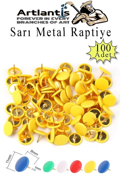 Sarı Raptiye 100 Adet 1 Paket Renkli Pvc Kaplı Başlıklı Raptiye Plastik Yuvarlak Düğmeli Raptiye Pano Okul Ofis Büro