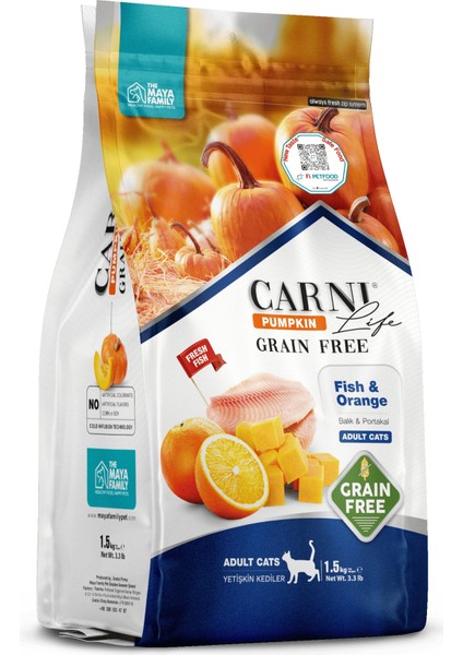 Carni Life Pumpkin Adult Tahılsız Balık Etli & Portakallı Yetişkin Kedi Maması (1.5 Kg)