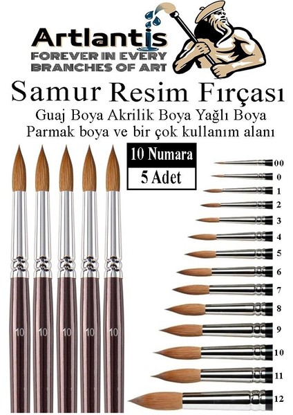 Resim Fırçası 10 Numara 5 Li 1 Paket Samur Yuvarlak Uçlu Fırça Seti Guaj Sulu Akrilik Yağlı Boya Fırçaları