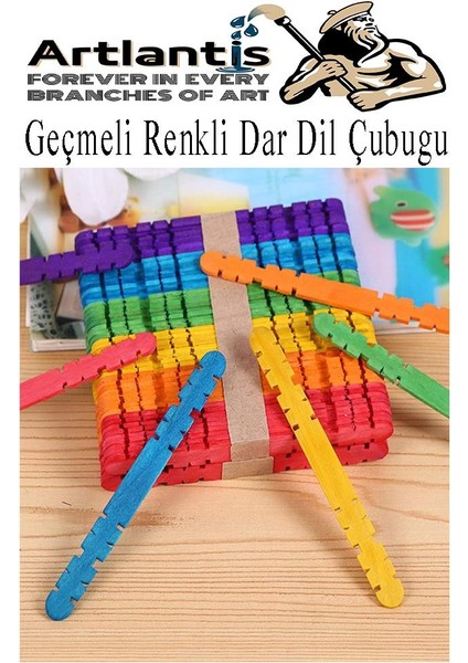 Renkli Geçmeli Dil Çubuğu Dar 100 Lü 1 Paket Çentikli Tırtıklı Geçirmeli Eklemeli Renkli Dondurma Çubuğu Kesik Uçlu Ahşap Çubuk