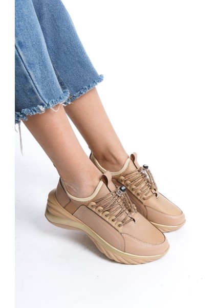 Düz Nude Çıt Çıt Detaylı Bağcıklı Günlük Kadın Sneaker Spor Ayakkabı