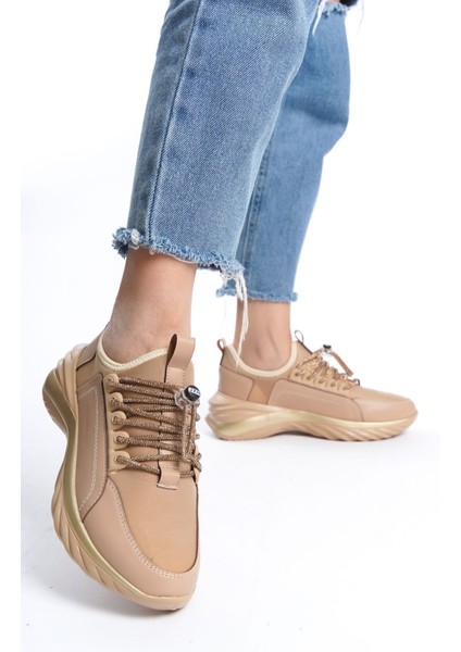 Düz Nude Çıt Çıt Detaylı Bağcıklı Günlük Kadın Sneaker Spor Ayakkabı modelleri