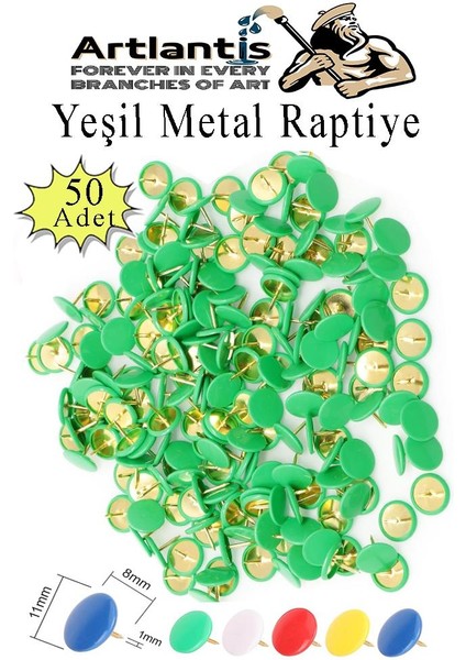Yeşil Raptiye 50 Adet 1 Paket Renkli Pvc Kaplı Başlıklı Raptiye Plastik Yuvarlak Düğmeli Raptiye Pano Okul Ofis Büro Ev