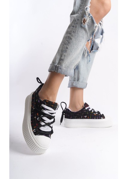 Siyah Parlak Şerit Detaylı Yumuşak Tekstil Rahat Günlük Sneaker Kadın Spor Yürüyüş Ayakkabısı indirimleri