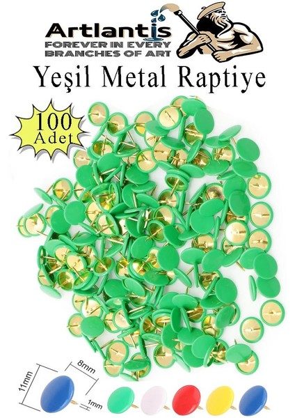 Yeşil Raptiye 100 Adet 1 Paket Renkli Pvc Kaplı Başlıklı Raptiye Plastik Yuvarlak Düğmeli Raptiye Pano Okul Ofis Büro