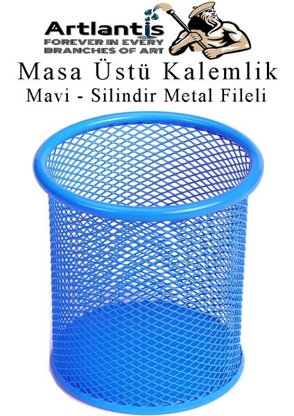 Mavi Silindir Masa Üstü Kalemlik 1 Adet Metal Fileli Renkli Perforeli Yuvarlak Kalemlik Ofis Büro Okul