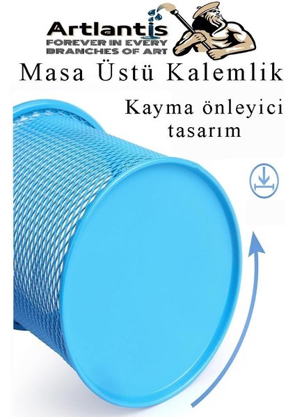 Mavi Silindir Masa Üstü Kalemlik 1 Adet Metal Fileli Renkli Perforeli Yuvarlak Kalemlik Ofis Büro Okul modelleri